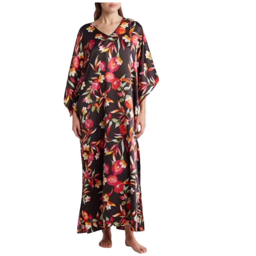 NATORI SATIN FLORAL CAFTAN